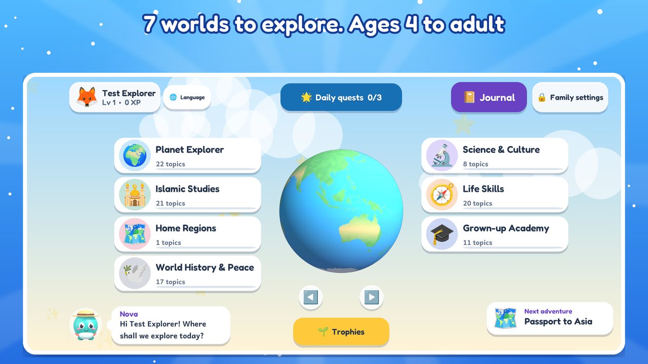 The Globeling home screen with a 3D globe and seven worlds