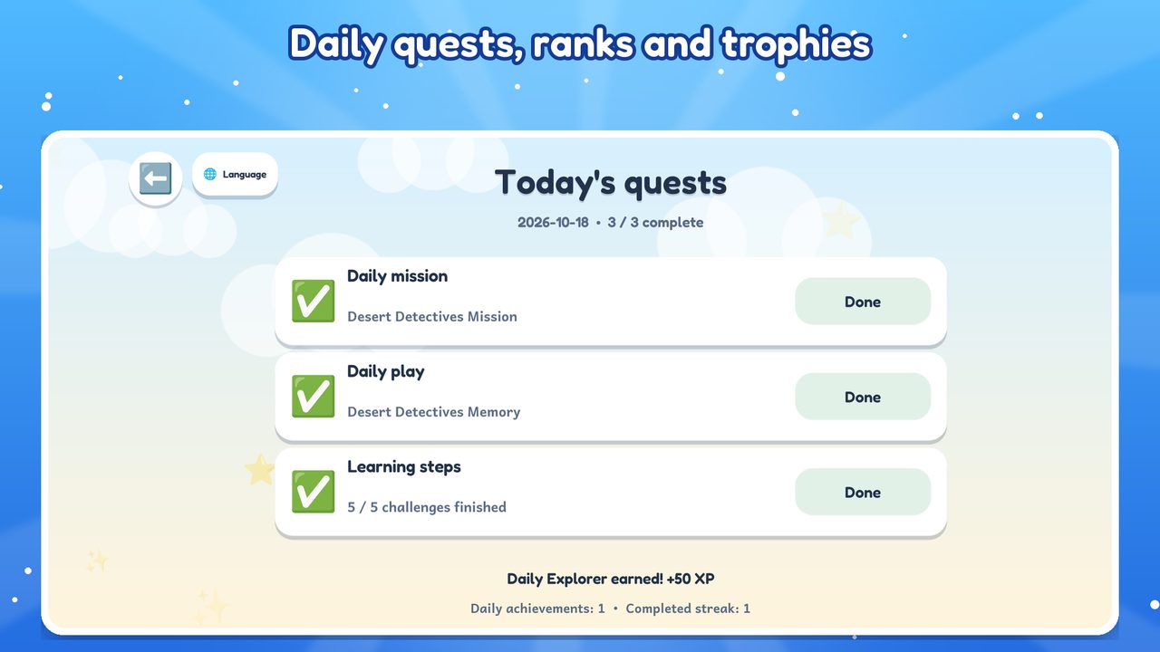 Daily quests, ranks and trophies
